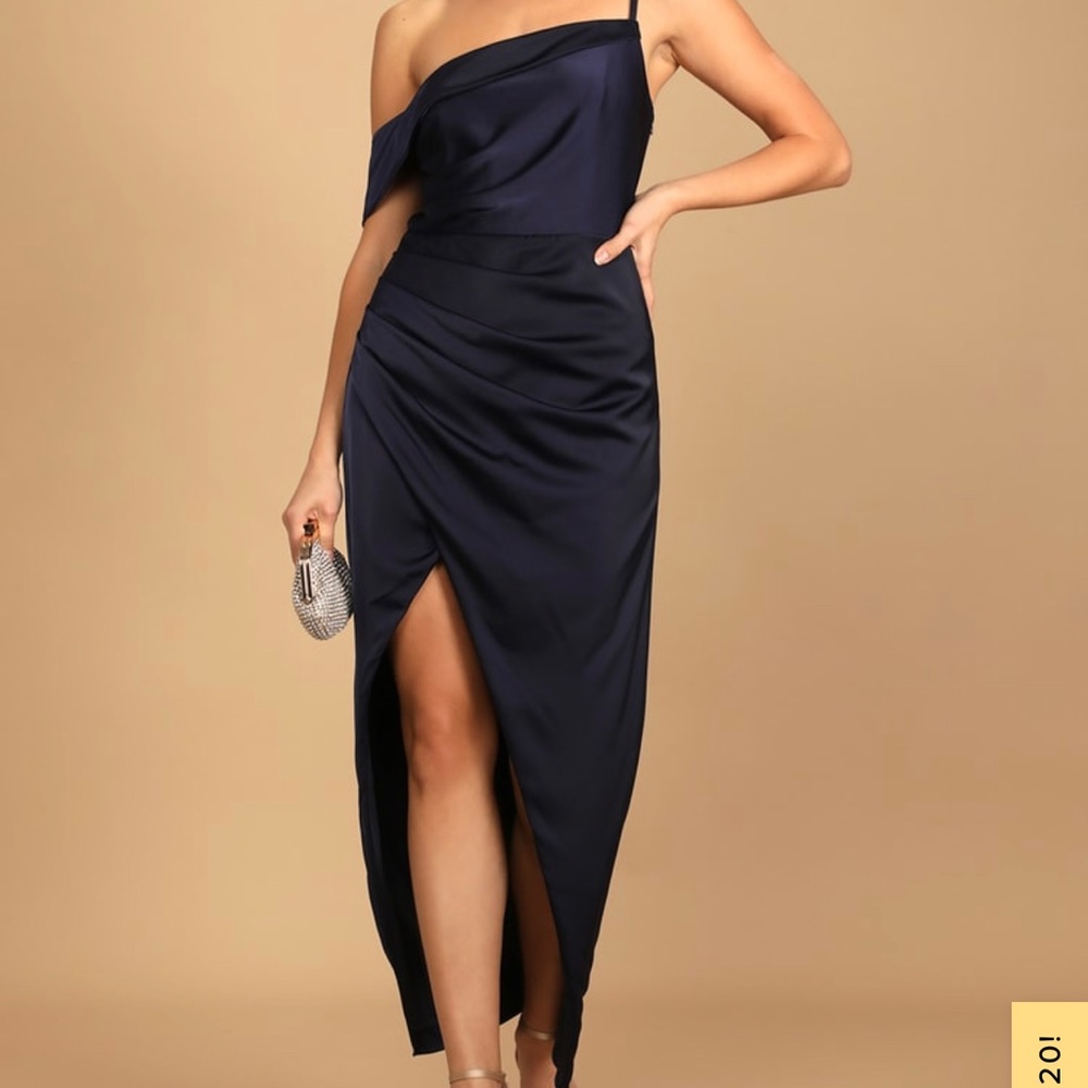 Lulus Showing Off a Little Navy Blue Asymmetrical Tulip Midi Dress